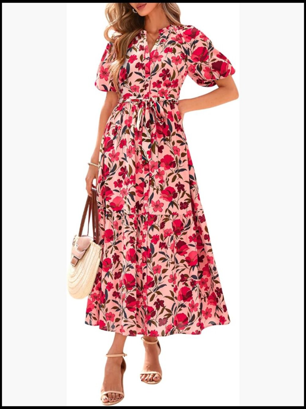 Polyester Maxi Dress with V-Neck, Puff Sleeves, and Self-Tie Belt